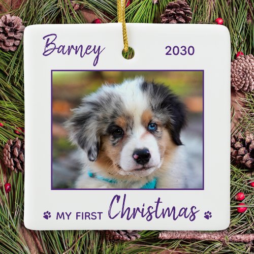 First Christmas Cute Puppy _ Purple Dog Pet Photo Ceramic Ornament