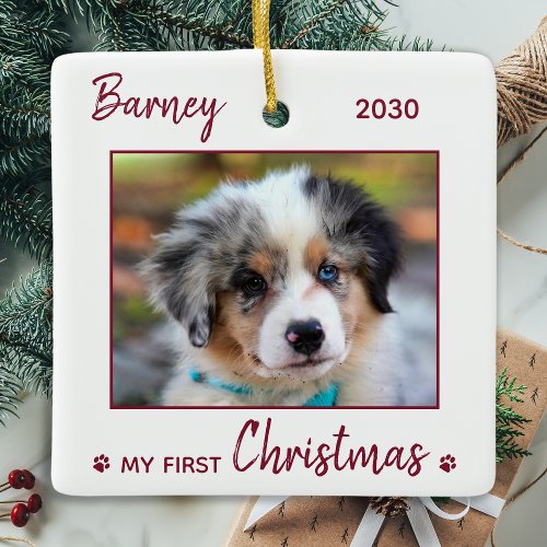 First Christmas Cute Puppy _ Red Dog Pet Photo Ceramic Ornament