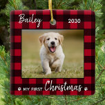 First Christmas Cute Puppy Red Plaid Dog Pet Photo Ceramic Ornament<br><div class="desc">My First Christmas! Decorate your tree or send a special gift with this super cute personalized custom pet photo holiday ornament. Add your dog's photo and personalize with name and year. Ornament is double sided, you can do different photos each side. COPYRIGHT © 2020 Judy Burrows, Black Dog Art -...</div>