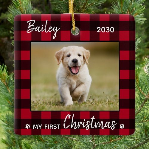 First Christmas Cute Puppy Red Plaid Dog Pet Photo Ceramic Ornament