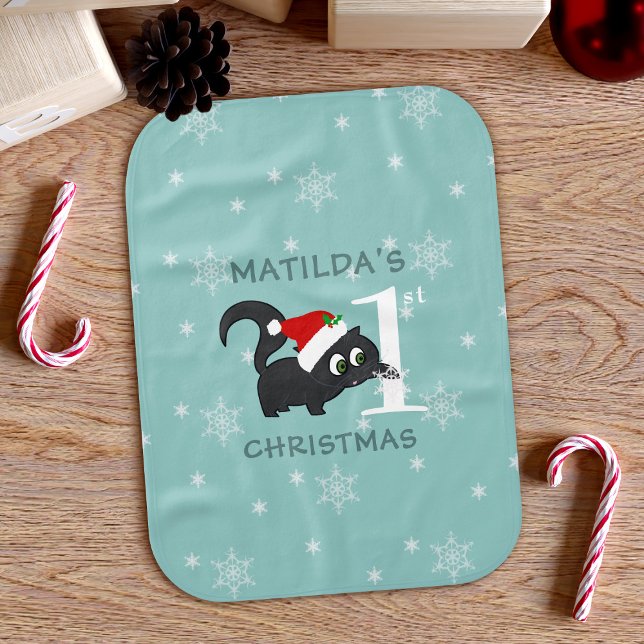 First Christmas Cute Santa Cat Snowflake Pattern Baby Burp Cloth (Santa Kitty Cat is here to celebrate your little one's 1st Christmas. Just add your name)