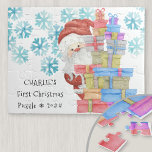 First Christmas Cute Santa Claus Personalized Jigsaw Puzzle<br><div class="desc">Personalized puzzle for a little boy or girl's first christmas. The design features Santa Claus peeking out from a stack of gift wrapped presents and snowflakes. The wording reads "[name's] First Christmas Puzzle ❅ [year]" and the template is set up ready for you to customize.</div>