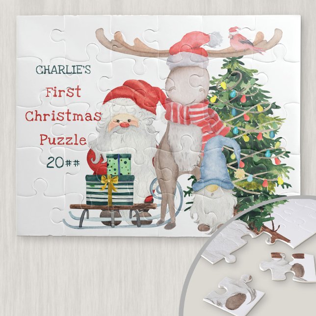 First Christmas Cute Santa & Helpers Personalized Jigsaw Puzzle (Creator Uploaded)