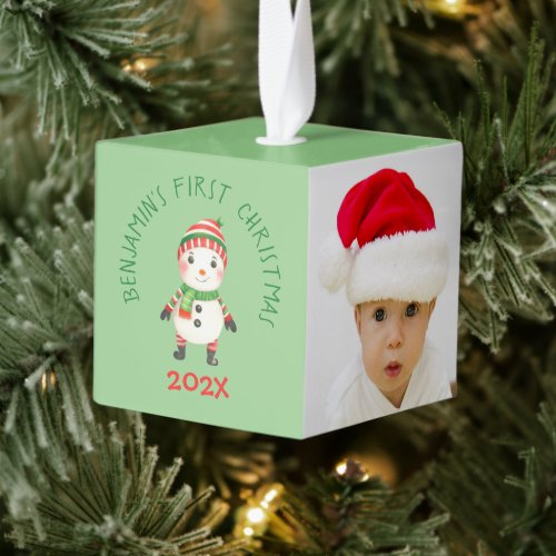 First Christmas Cute Snowman 3 Baby Photos  Green  Cube Ornament