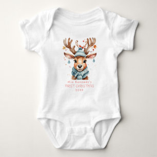 First Christmas Cute Watercolor Woodland Reindeer  Baby Bodysuit
