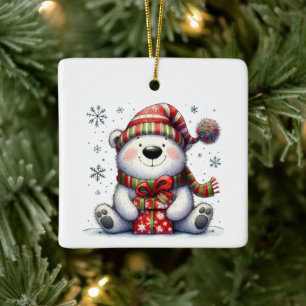 First Christmas Cute Whimsical Bear Customized Ceramic Ornament