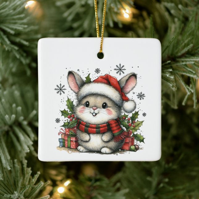 First Christmas Cute Whimsical Bunny Customized Ceramic Ornament (Tree)