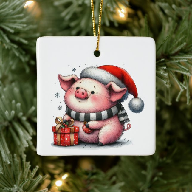 First Christmas Cute Whimsical Piggy Customized Ceramic Ornament (Tree)