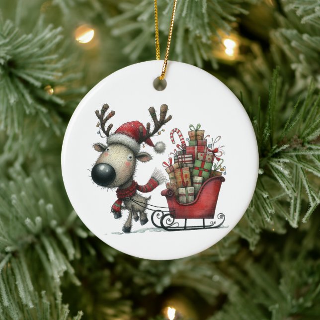First Christmas Cute Whimsical Reindeer Customized Ceramic Ornament (Tree)