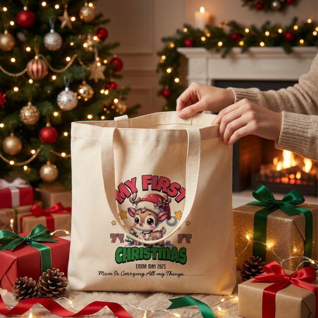 First Christmas Deer Brown Personalize Large Tote Bag (Creator Uploaded)