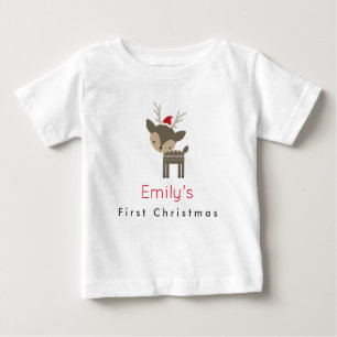 First Christmas Deer In A Red Santa Hat Custom Baby T-Shirt