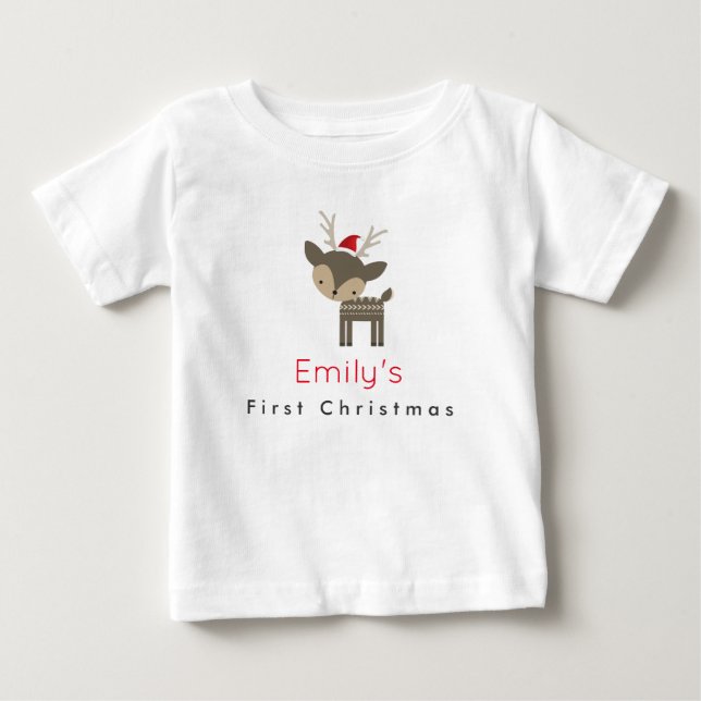 First Christmas Deer In A Red Santa Hat Custom Baby T-Shirt (Front)