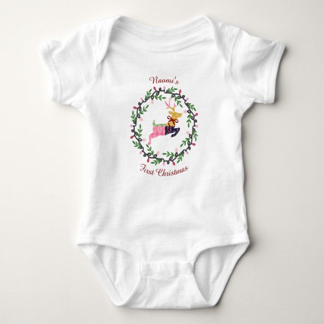 First Christmas Deer with Wreath Customize Baby Bodysuit (Front)