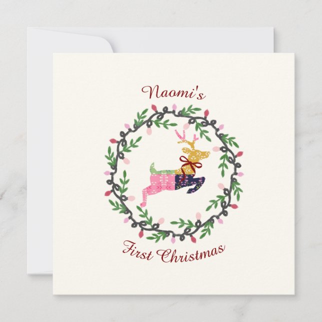 First Christmas Deer with Wreath Customize Card (Front)