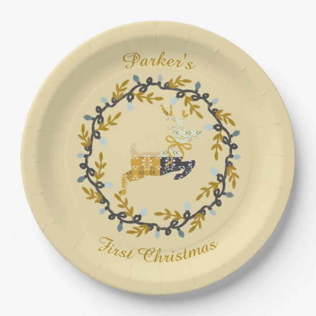 First Christmas Deer with Wreath Soft Yellow  Paper Plates (Front)
