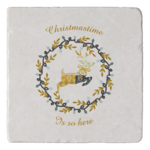 First Christmas Deer with Wreath Yellow Cream Trivet