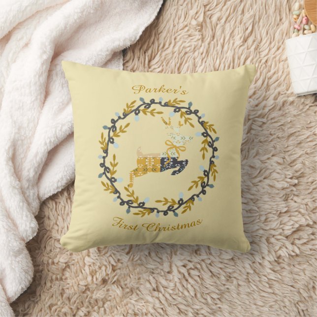 First Christmas Deer with Wreath Yellow  Throw Pillow (Blanket)