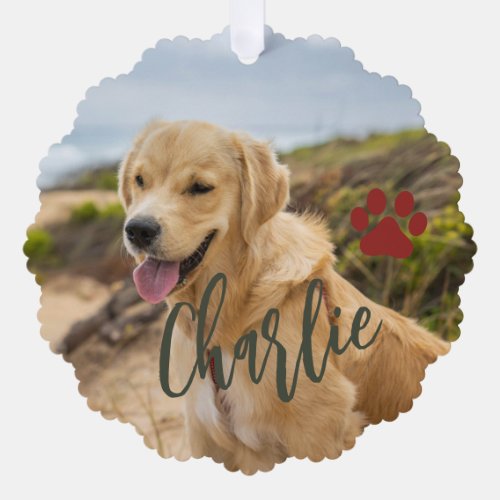 First Christmas dog forever home photo name green Ornament Card