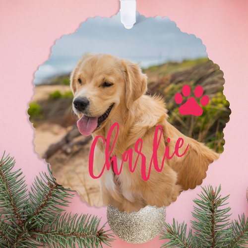First Christmas dog in forever home photo name Ornament Card