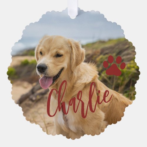 First Christmas dog in forever home photo name red Ornament Card