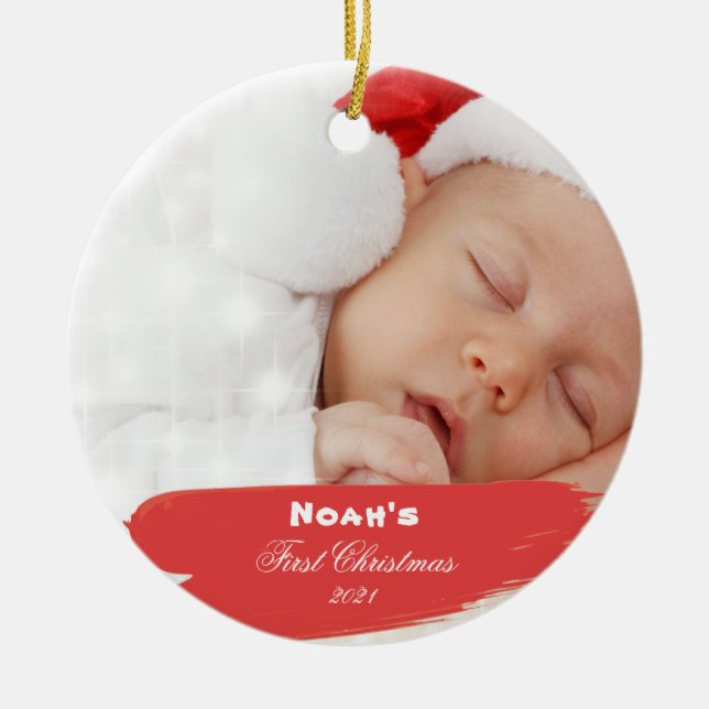 First Christmas Elegant Baby Photo Ceramic Ornamen Ceramic Ornament (Front)