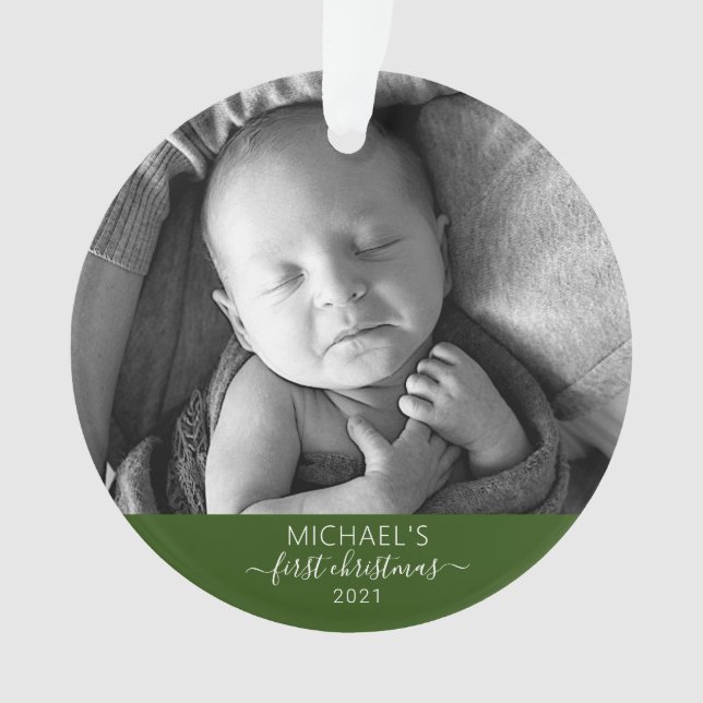 First Christmas Elegant Baby's Photo Name Script Ornament (Front)