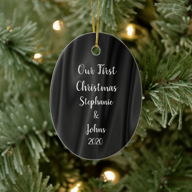 First Christmas Elegant Black & White Satin Cool Ceramic Ornament (Tree)