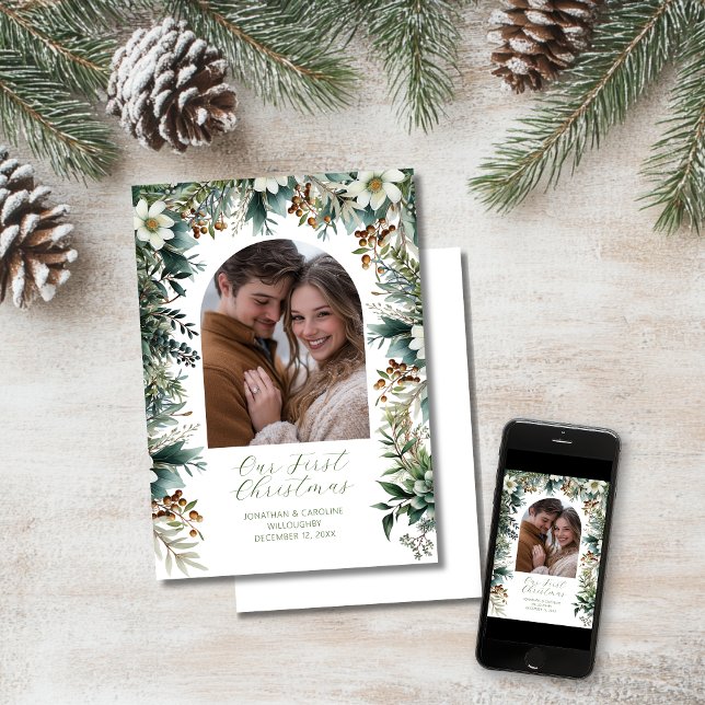 First Christmas Elegant Greenery Arch Photo Holiday Card (First Christmas Elegant Greenery Arch)
