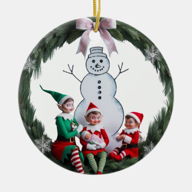 First Christmas Elf Team Wreath Photo Ceramic  Ceramic Ornament (Front)