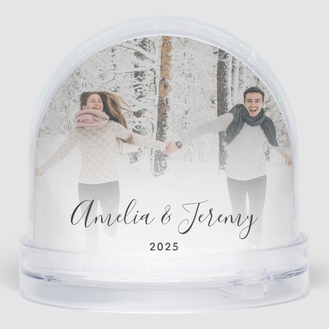 First Christmas Engaged 2 Photo Black Script Snow Globe (Back)