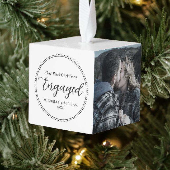 First Christmas Engaged 2 Photo Cube Ornament (Tree)