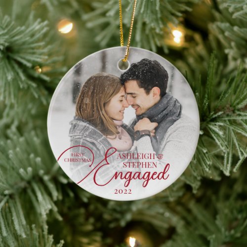 First Christmas Engaged 2 Photo Custom Color Ceramic Ornament