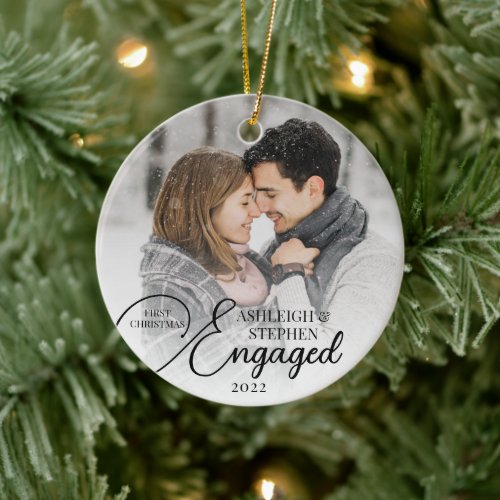 First Christmas Engaged 2 Photo Custom Color Ceramic Ornament
