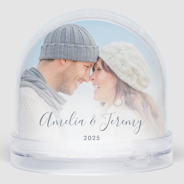 First Christmas Engaged 2 Photo Dusty Blue Script Snow Globe (Back)