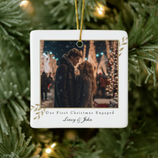 First Christmas Engaged 2 Photo Minimalist Modern Ceramic Ornament