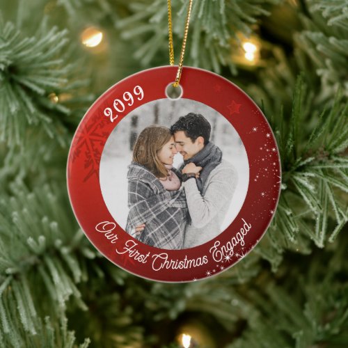 First Christmas Engaged 2 Photo Red Snowflake  Ceramic Ornament