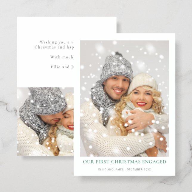 First Christmas Engaged 2 Photos Letterpress Photo Cards (Front/Back)
