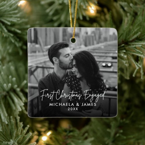 First Christmas Engaged 2 Photos Names  Year Ceramic Ornament