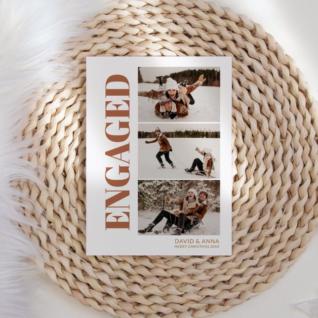 First Christmas Engaged 3 Photo Modern Holiday Card (Creator Uploaded)