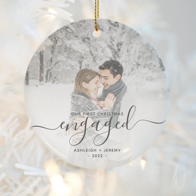 First Christmas Engaged Add Your Photo Gray Script Ceramic Ornament (Creator Uploaded)