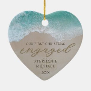 First Christmas Engaged Beach Couple Ceramic Ornament