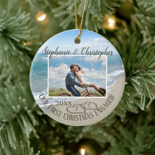 First Christmas Engaged Beach Hearts Couple Photo  Ceramic Ornament