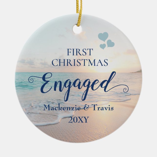 First Christmas Engaged Beach Sunset Ceramic Ornam Ornament (Front)