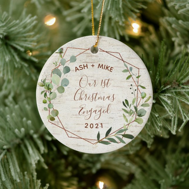 First Christmas Engaged Birch Eucalyptus Photo Ceramic Ornament (Tree)