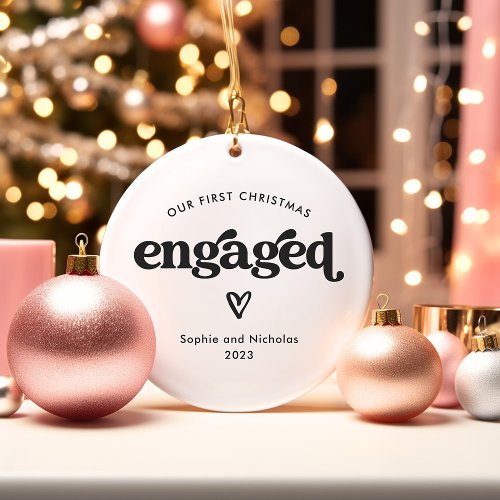 First Christmas Engaged Black and White with Heart Ceramic Ornament