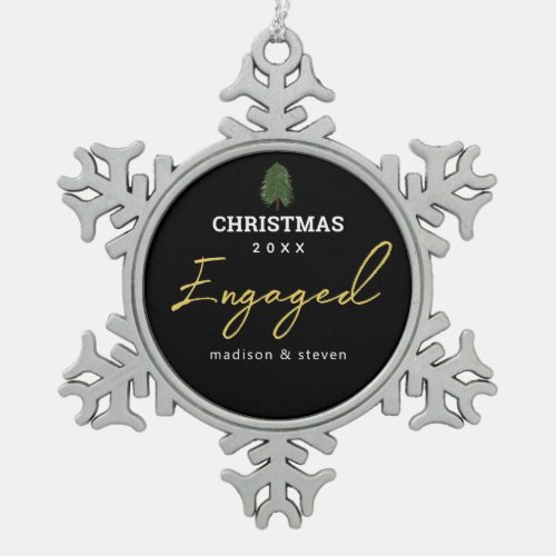 First Christmas Engaged Black Gold Personalized Snowflake Pewter Christmas Ornament