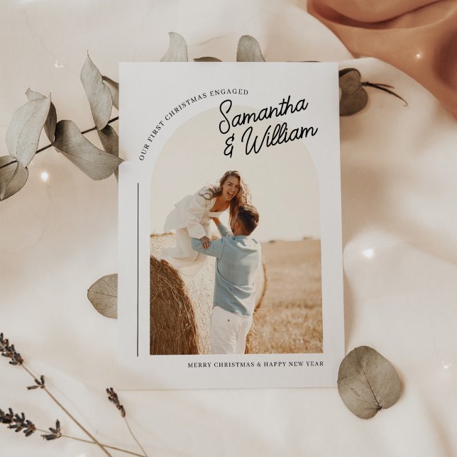 First Christmas Engaged Boho Arch Photo Holiday Card (Creator Uploaded)