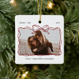 First Christmas Engaged Burgundy Bow Frame Ceramic Ornament