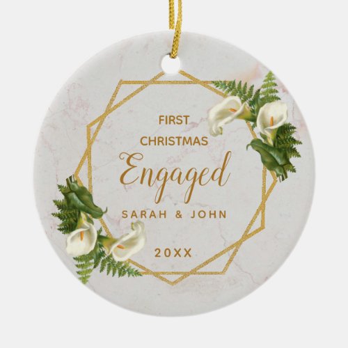 First Christmas Engaged Calla Lilies Marble Gold Ceramic Ornament