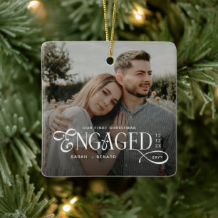First Christmas Engaged Chic Couples 2 Photos Ceramic Ornament